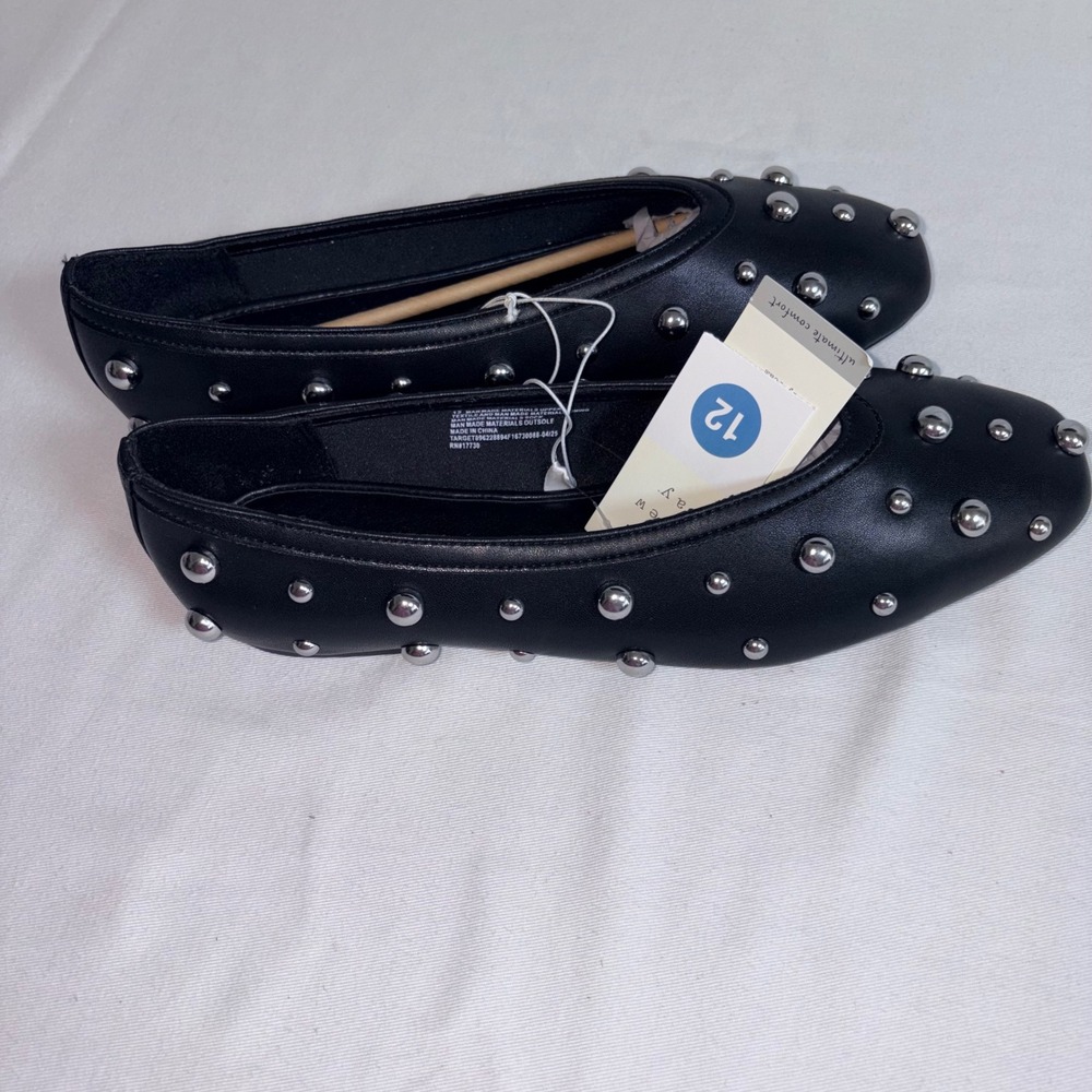 A New Day Ballet Sammie Flats 12 Black Studded Square Toe Memory Foam Slip On
